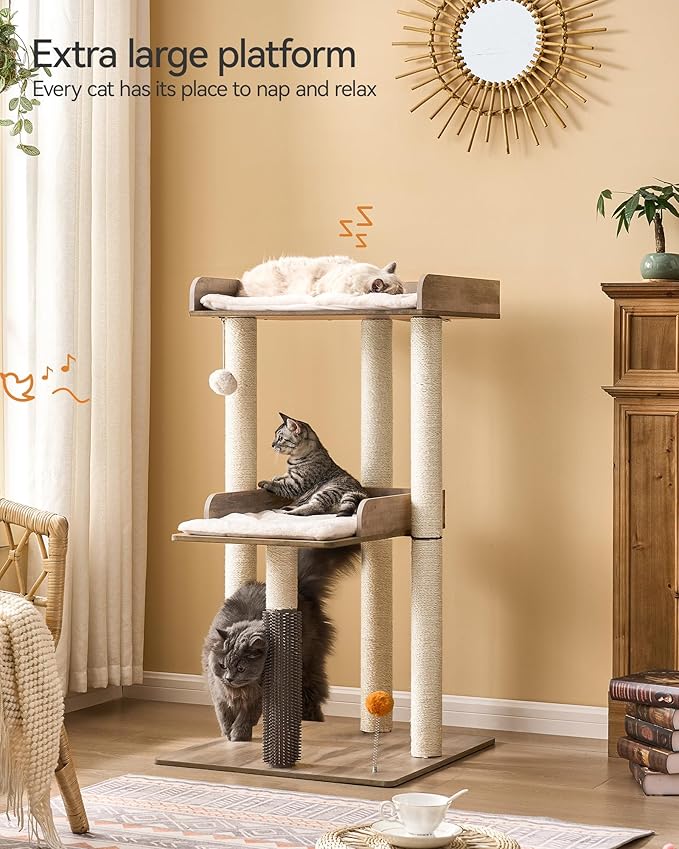 FourFurPets 43.7" Cat Tree, Modern Cat Tree Tower, Cat Tower for Indoor Cats Large Adult, Cat Condo with Scratching Post, Large Perch and Removable Pads, Greige-PurrikoPets