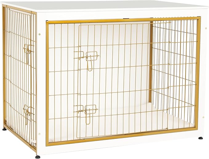 DWANTON Dog Crate Furniture with Cushion, Wooden Kennel Table with Double Doors, Indoor Dog House, Extra Large Size, 43.3" L, White+Gold-PurrikoPets