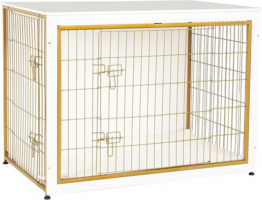 DWANTON Dog Crate Furniture with Cushion, Wooden Kennel Table with Double Doors, Indoor Dog House, Extra Large Size, 43.3" L, White+Gold-PurrikoPets
