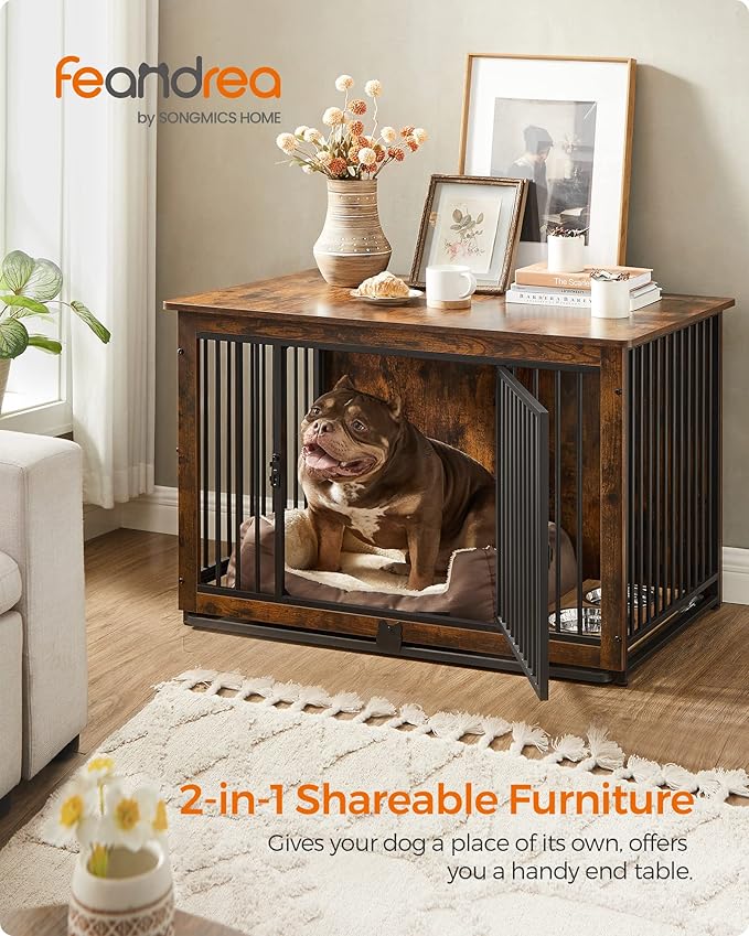 Feandrea Dog Crate Furniture, 38 Inches Dog Kennel for Dogs up to 70 lb, with Removable Tray, Heavy-Duty Dog Cage End Table, Double Doors Dog House, Rustic Brown UPFC013X01-PurrikoPets