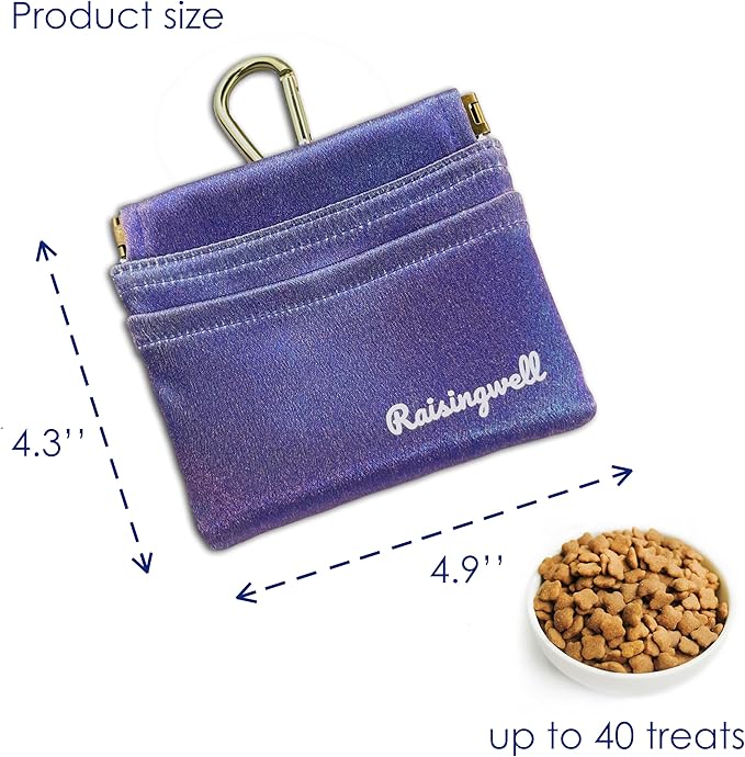 Dog Treat Pouch, Pocket Sized Pet Training Pouch, Hand Free Purple Dog Walking Bag with Carabiner, Self-Closing Pet Feed Snack Reward, for Puppy Travel or Outdoor Use, NanoPTC-PurrikoPets