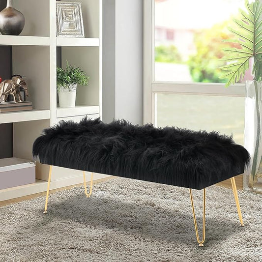 42.5 Inch Black Bedroom Bench, Benches for Bedroom White Faux Fur Upholstered Bed end Bench, Tufting Ottoman Bench Indoor Bench with Metal Legs for Living Room Bedroom Entryway, Black-PurrikoPets