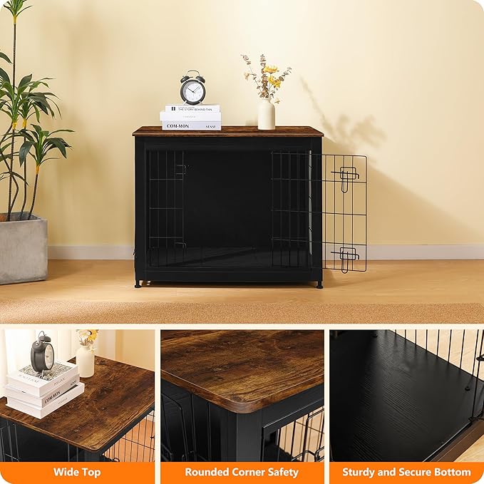 DWANTON Dog Crate Furniture with Cushion, Wooden Kennel Table with Double Doors, Indoor Dog House, Medium Size, 32.5" L, Black+Rustic Brown-PurrikoPets