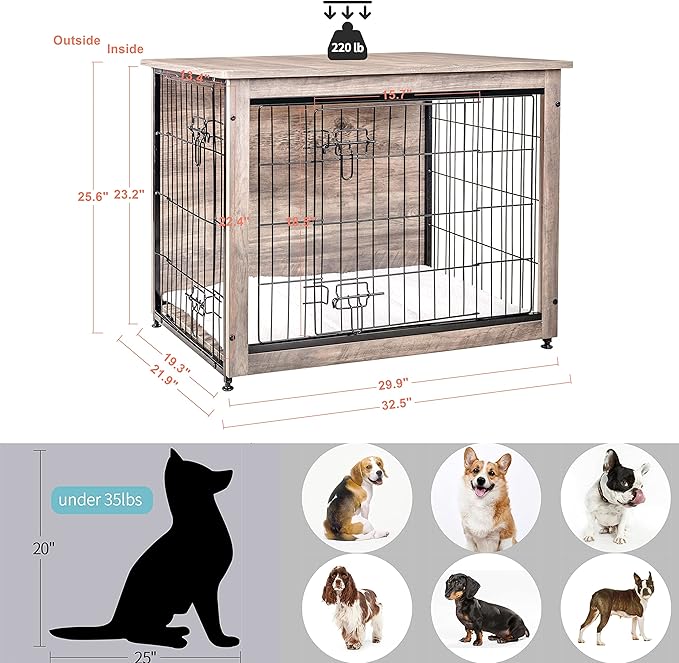 DWANTON Dog Crate Furniture with Cushion, Wooden Kennel Table with Double Doors, Indoor Dog House, Medium Size, 32.5" L, Greige-PurrikoPets
