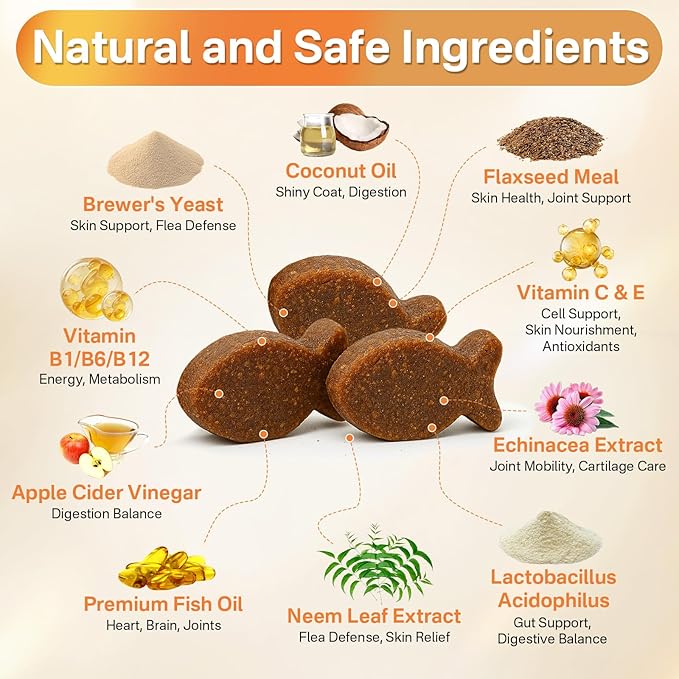 4-in-1 Flea Treatment for Cats Chewable, Natural Cat Flea and Tick Prevention Chewable Supplement for Skin & Coat | Immunity Support | Digestive | Flea & Tick Treatment for All Breeds & Sizes-PurrikoPets