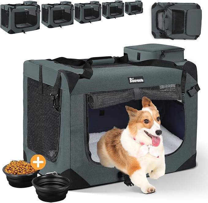 Extra Large Dog Crate with 2 Foldable Bowl, 40 Inch Collapsible Travel Dog Crate Kennel with Soft Blanket for Medium Dogs,Indoor & Outdoor (40" L x 27" W x 27" H, Grey)-PurrikoPets