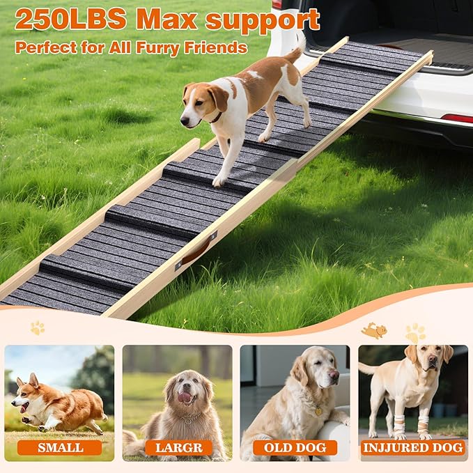 Dog Ramp for Car, 71''x 17'' Extra Long Deluxe Telescoping Design Wooden Pet Ramp, Pet Stair Ramps for Truck SUV with Non-Slip Surface, Portable Outdoor Dog Steps for Medium Large Dogs, Up to 250LBS-PurrikoPets