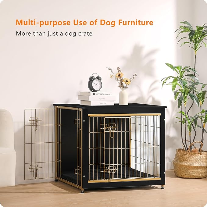 DWANTON Dog Crate Furniture with Cushion, Wooden Kennel Table with Double Doors, Indoor Dog House, Medium Size, 32.5" L, Black+Gold-PurrikoPets