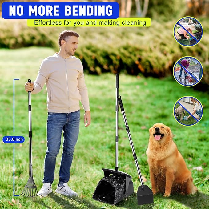 Dog Poop Scooper with 20 Bag Attachment Long Handle Swivel Bin, Rake & Spade Heavy Duty Easy to Clean Pooper Scooper for Large Medium Dogs Pet Waste Removal Solution for Yard, Grass, Gravel-PurrikoPets