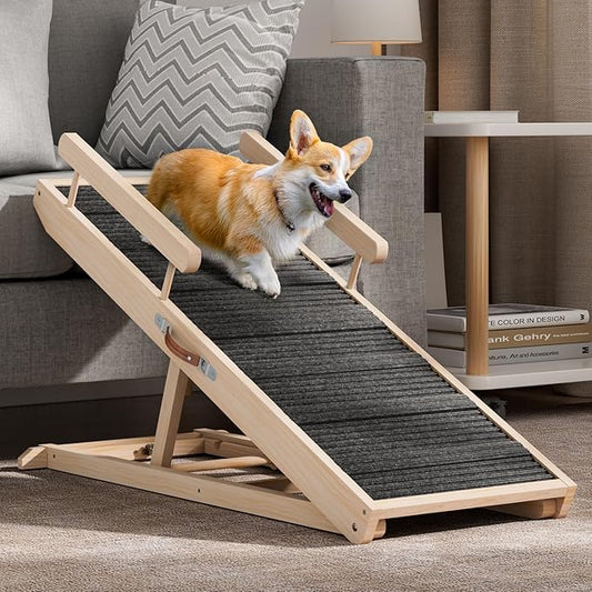 Dog Ramp for Bed, Couch, Car, Folding Pet Ramps 44.48" Long Adjustable 15"-22" Wooden Stairs with High Traction Mat & Safety Side Rails for Small & Medium Old Dogs & Cats, up to 200 lbs-PurrikoPets