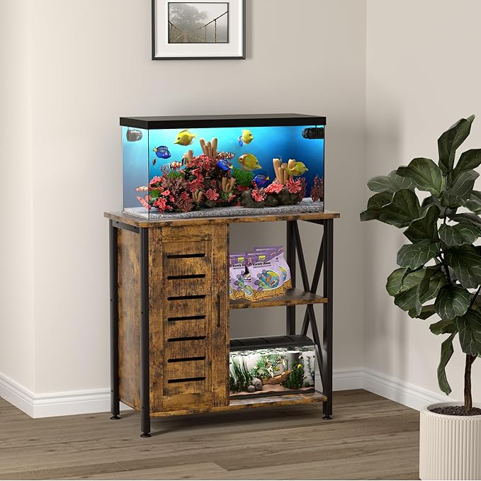20-29 Gallon Fish Tank Stand, Aquarium Stand with Cabinet Accessories Storage, Heavy Duty Metal Frame, 31.49" L*15.74" W Tabletop, 330LBS Capacity, Rustic Brown PG07YGN-PurrikoPets