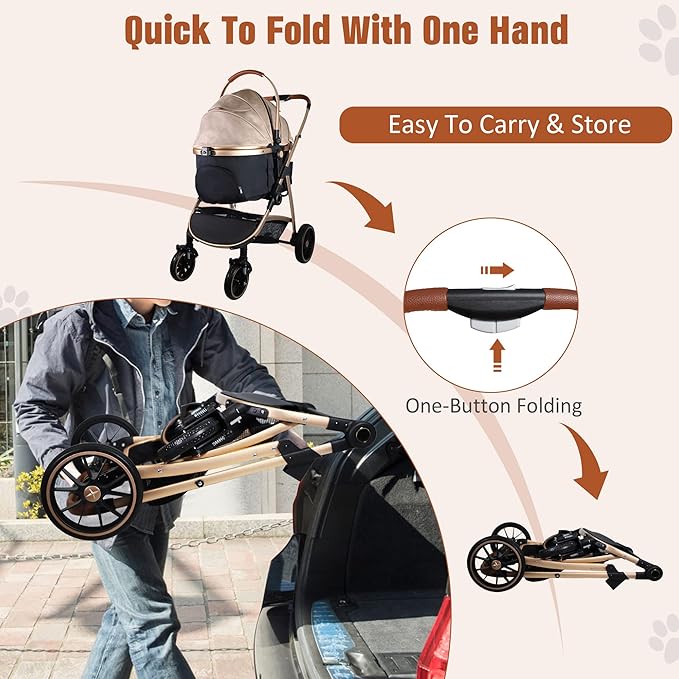 3 in 1 Multifunction Pet Stroller for Small Medium Dogs Cats, No-Zip Dog Stroller with Detachable Carrier & Cup Holder, One-Hand Quick Fold, 4 Wheels Travel Foldable Aluminum Alloy Frame Up to 33 lbs-PurrikoPets