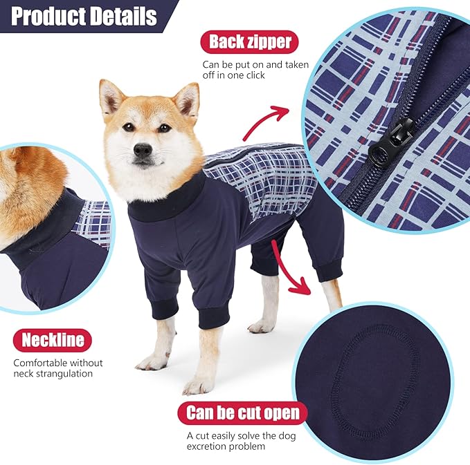 Dog Recovery Suit, Abdominal Wound After Surgery Wear, Anti Licking Bodysuit with Zipper, E-Collar & Cone Alternatives, Plaid Dog Spay Surgical Shirt Prevent Shedding(XL, Blue)-PurrikoPets