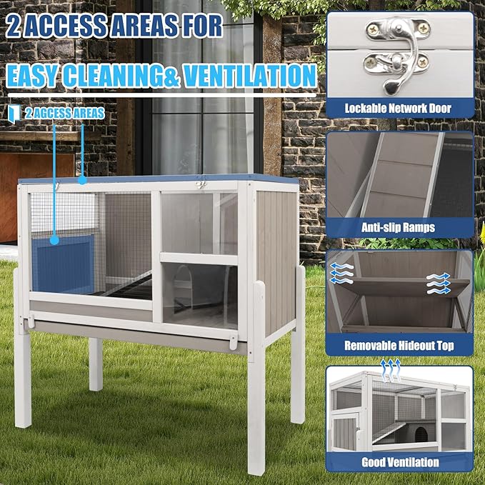 38" L Rabbit Hutch Bunny Cage,Fir Wood Rabbit Cage Indoor Outdoor with Pull Out Tray,Bunny Hutch with Ramp and Hideout,Guinea Pig Cages Rabbit Hutch Indoor with Detachable 4 Legs-PurrikoPets