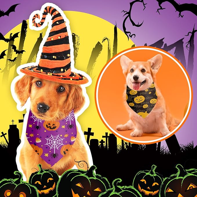 100 Pieces Halloween Dog Bandanas Bulk Pumpkin Ghost Bandanas for Dogs Soft Triangle Bibs Adjustable Triangle for Small Medium Large Pets Halloween Party Costume-PurrikoPets