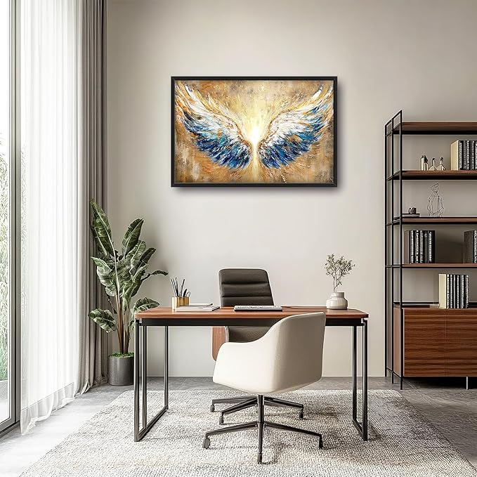 Extra Large Angel Wings Framed Wall Art for Living Room,Oversized Golden Wings Pictures Wall Decor,Holy Gold Blue Canvas Print Painting Modern Artwork Bedroom Office Bathroom 36L" x 24W"-PurrikoPets