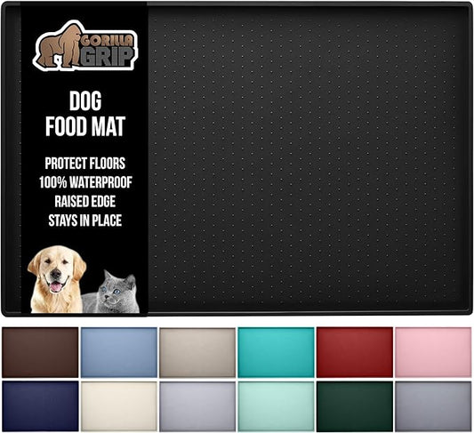 GORILLA GRIP 100% Waterproof Raised Edge BPA Free Silicone Pet Feeding Mat, Dog Cat Food Mats Contain Spills Protects Floors, Placemats for Cats and Dogs Water Bowl, Pets Accessories 16x10, Black-PurrikoPets