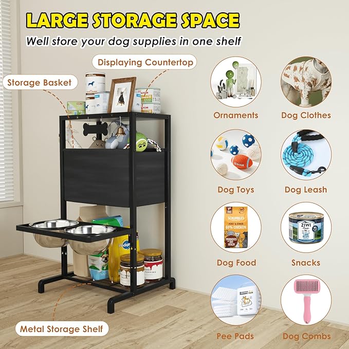 Elevated Dog Bowls, Height Adjustable Raised Dog Bowl Stand (4.5'' to 12''), Organizer Bowl Holder for Large Medium Dogs-PurrikoPets