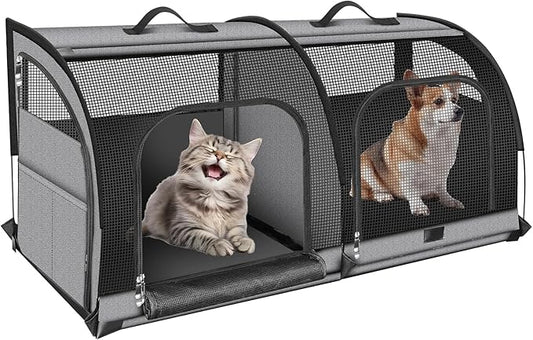 Double Cat Car Travel Carrier, Twin Compartment Show House Cat Cage/Condo，Portable Pet Crate for 2 Cats Travel Double Dog Crate Set for Long Distance Travel-PurrikoPets