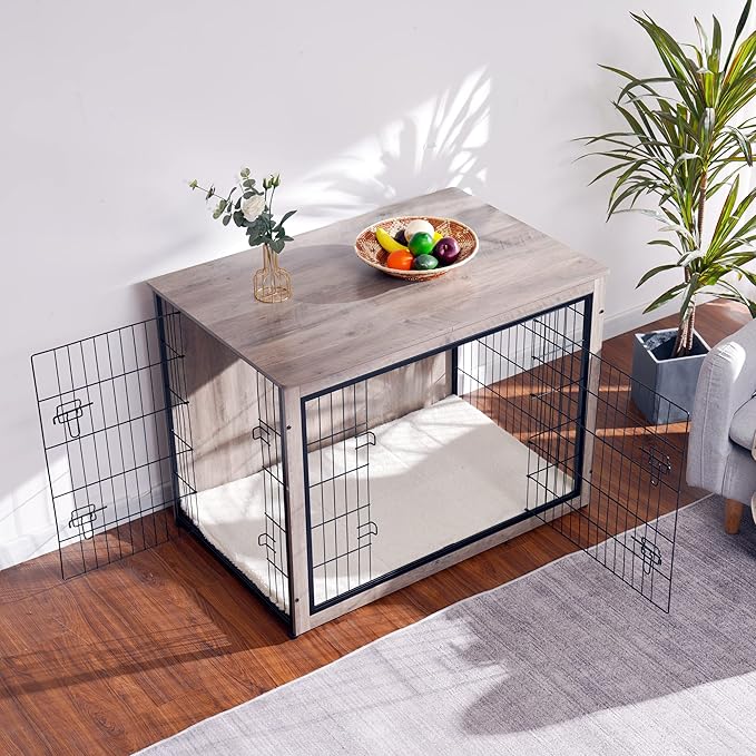 DWANTON Dog Crate Furniture with Cushion, Wooden Kennel Table with Double Doors, Indoor Dog House, Extra Large Size, 43.3" L, Greige-PurrikoPets