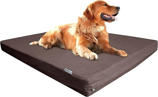 Dogbed4less Luxury Extra Large Orthopedic Memory Foam Dog Bed for Large Dogs with Durable Waterproof Internal Case, Removable Washable Denim Cover and Extra Bonus Pet Bed Cover, XL 40X35X4, Brown-PurrikoPets