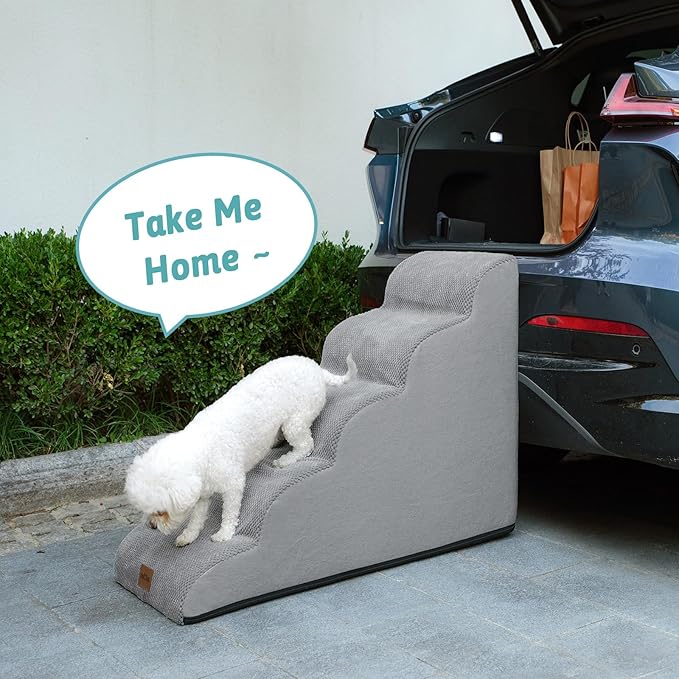 Dog Stairs for Small Dog 22.6" H, Curved Pet Step for Puppy, Older Cat, Medium Pet Ramp for High Bed, Ladder with High Density Foam, Durable, 5 Step, 15.7x33x22.6 inch, Grey-PurrikoPets