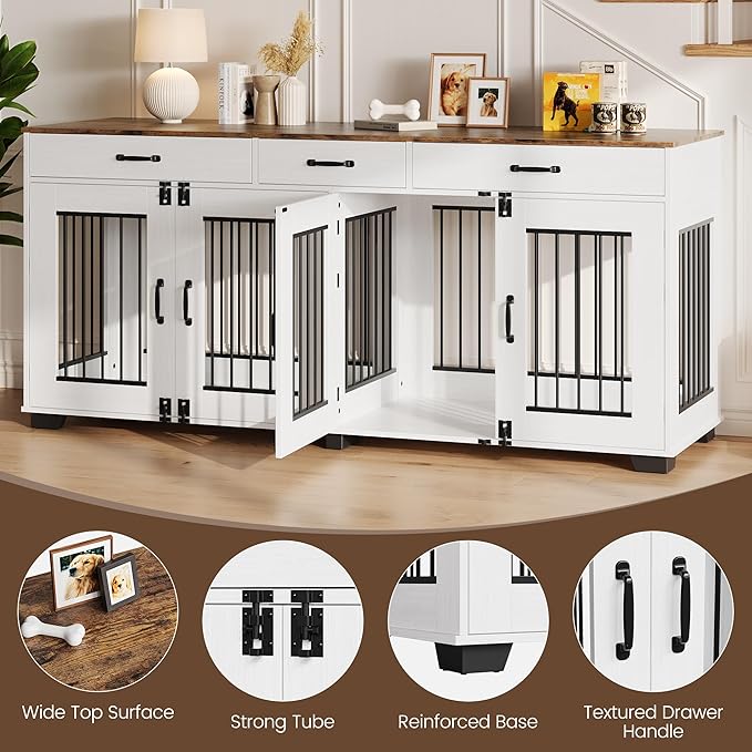 71 Inch Dog Crate Furniture for 2 Rooms, Wooden Double Crate Large Breed with Door, Dog Kennel Indoor, TV Stand End Table with Divider for Large Medium Dogs,White/Brown-PurrikoPets
