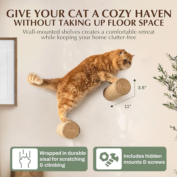 2-Pack Sisal Wall-Mounted Cat Climbing Wall Steps, Cat Wall Steps/Stairs with Sisal Scratching Surface, Wall Shelf Furniture for Climbing & Play for Kittens & Cats, Hidden Mounts-PurrikoPets