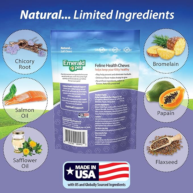 Emerald Pet Feline Health Chews Hairball Support — Natural Grain Free Feline Hairball Control Chews — Hairball Control Cat Supplements for Hairball Prevention and Elimination — Made in USA, 2.5 oz-PurrikoPets