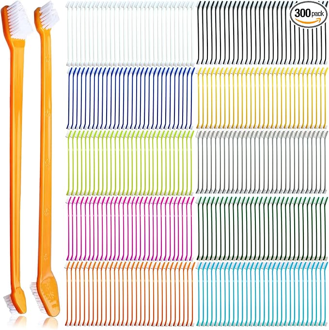 300 Pcs Dog Toothbrush Cat Tooth Brushes Bulk, Double Sided Brushing Kit, Teeth Cleaning Kit Soft Bristles Long Handle, Pet Tooth Brush for Small to Large Dog, Cat, Puppy & Kitten, 10 Colors-PurrikoPets