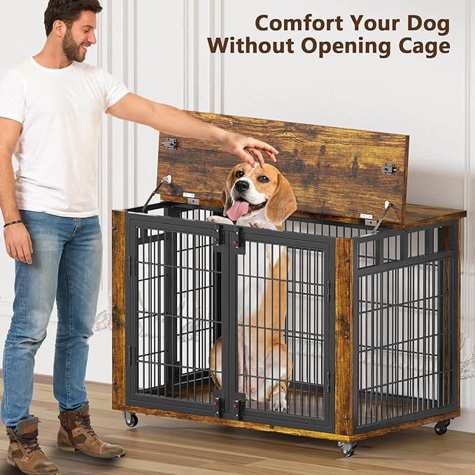 EasyCom 90% Pre-Assembled 33" Small and Meidum Dog Kennel Indoor Furniture, Wooden Dog Crate Furniture with Top-Access Teasing/Feeding Doors, for Medium and Small Breed, with Wheels Moveable-PurrikoPets