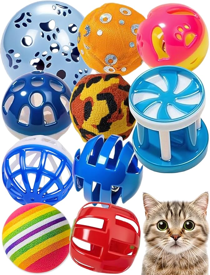 10-Pack Cat Toy Balls with Bells for Kittens and Cats of All Breeds (1.5'' - 2.2'', Cat Toys Deluxe Pack)-PurrikoPets