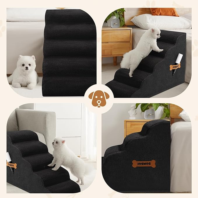 Dog Stairs, Romrol Dog Steps Ramp for High Bed and Couch, Dogs Ramp with Durable Non-Slip Waterproof Fabric Cover, Pet Stairs for Small Dogs and Cats or Pets Joints, 4-TiersBlack-PurrikoPets
