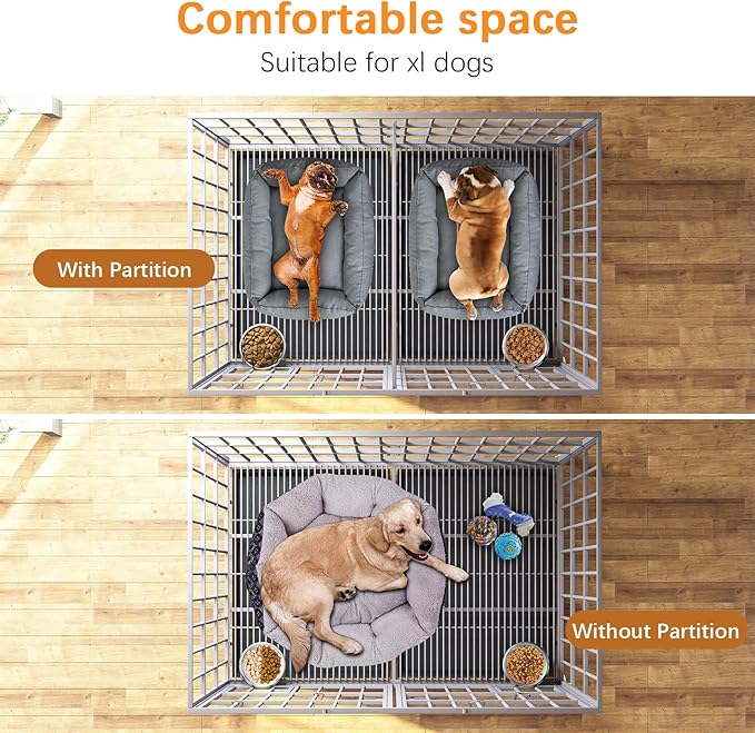 aboxoo 42/48 inch Heavy Duty Metal Dog Crate for 2 Dogs/Large Dog,All Metal Open Top,Dog Kennel Indoor with Wheels,Floor Grid, Tray, Divider and Feeding Bowl (Sliver)-PurrikoPets