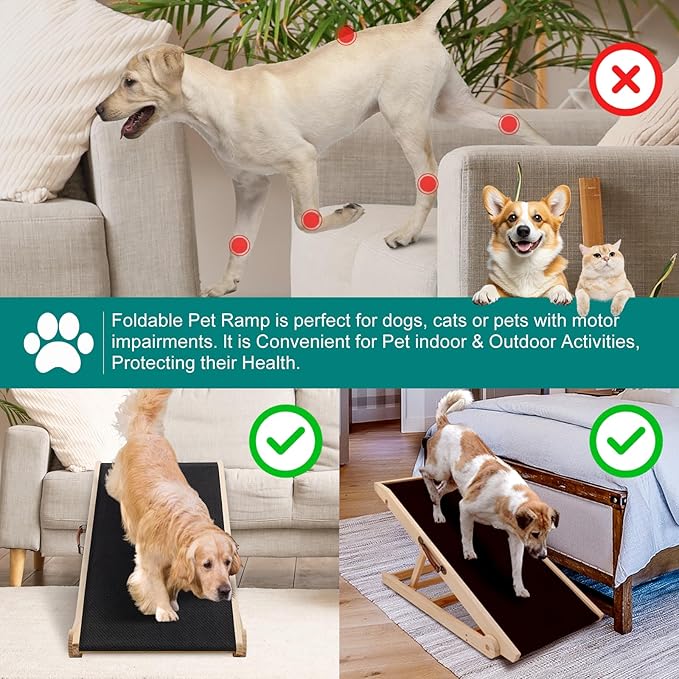 Dog Ramp for Bed, Adjustable Pet Ramps for Dog to Get on Bed, Non-Slip Rubber Surface - Folding Wooden Dog Ramp for Small/Large/Old Dogs, Adjustable up to 19.5 inch High Beds-PurrikoPets