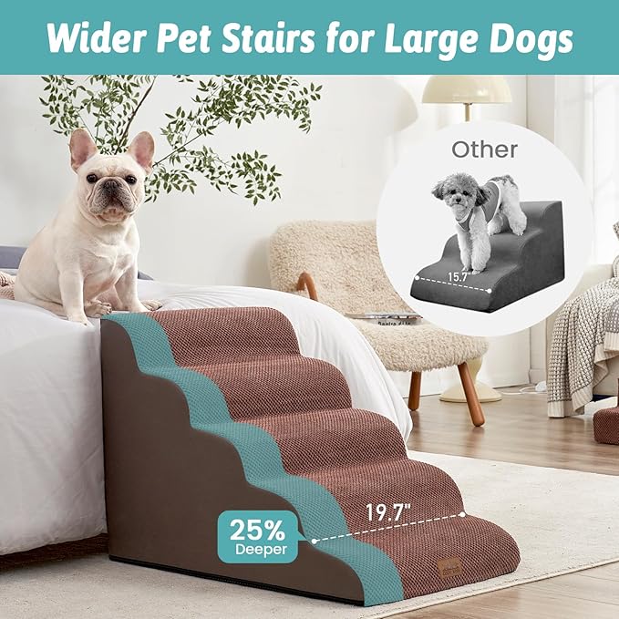 Extra Wide Dog Stairs 19.7" Width, Large Pet Step for Small Medium Dog, Puppy or Cat, Ramp for High Bed or Car, High Density Foam Ladder, Stable, 5 Step, 19.7x33x22.4 inch, Brown-PurrikoPets