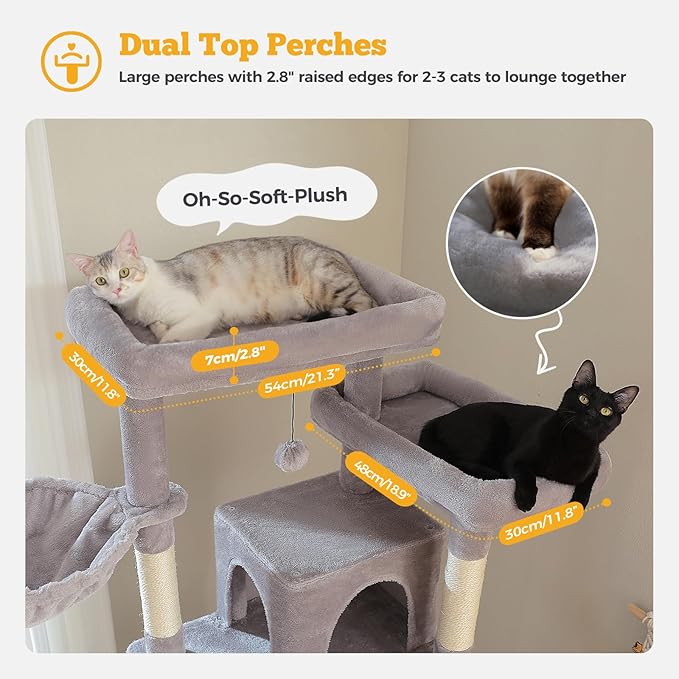 81" Heavy Duty Cat Tree for Large Cats up to 20lbs - Extra Tall Cat Tower with Metal Frame Hammock, 6 Sisal Scratching Posts, 2 Perches - Indoor Cat Furniture for Maine Coon, Big Cats, Gray-PurrikoPets