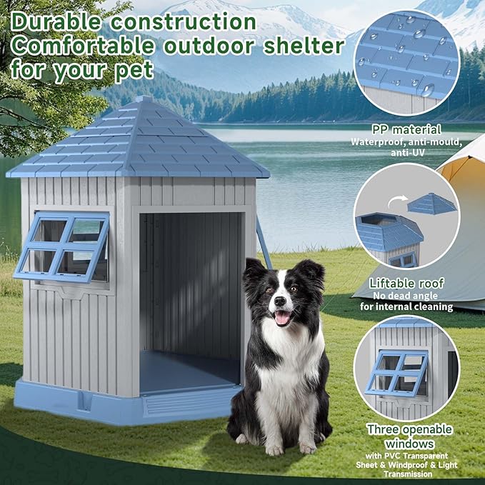 DRATO Dog House Indoor Outdoor Durable Large Dog Shelter with Outside Dog Kennel with Window and Elevated Floor for Small Medium Dogs (Blue, by)-PurrikoPets