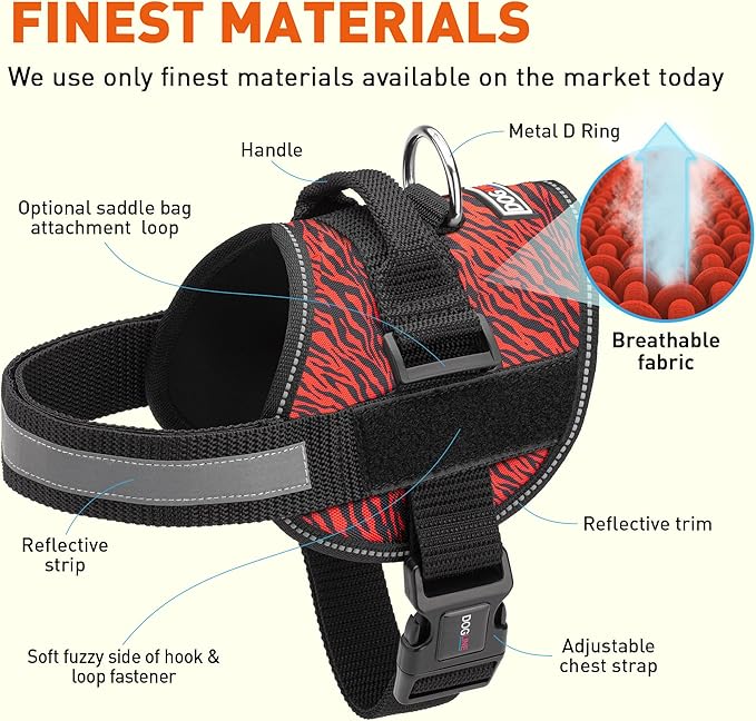 Dogline Dog Harness, Reflective No-Pull Adjustable Vest with Handle for Walking, Training, Breathable, No - Choke Harness for Small, Medium or Large Dogs Room for Patches Zebra Black/Red L 27"-34"-PurrikoPets