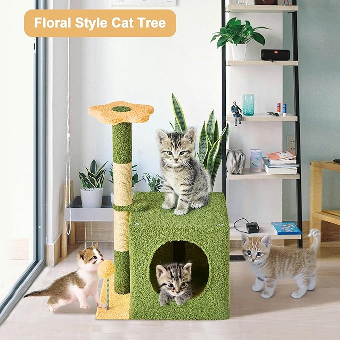 24 Inch Cat Tree Condo for Indoor Cats with Floral Sisal Scratching Post, Plush Hang Ball Play Furniture for Kittens Cats, Yellow-PurrikoPets