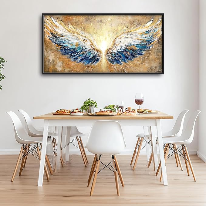 Extra Large Angel Wings Framed Wall Art for Living Room,Oversized Golden Wings Pictures Wall Decor,Holy Gold Blue Canvas Print Painting Modern Artwork Bedroom Office Bathroom 60L" x 30W"-PurrikoPets