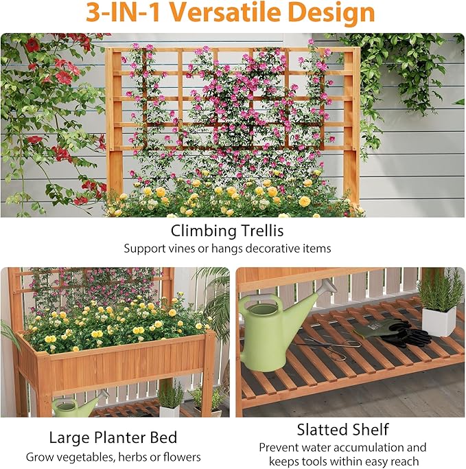 Giantex Raised Garden Bed with Trellis, Wooden Elevated Planter Box with Legs, Drainage Holes for Climbing Plants Vines Vegetables Flowers Herbs, Outdoor Horticulture Planter for Patio Yard (Brown)-PurrikoPets