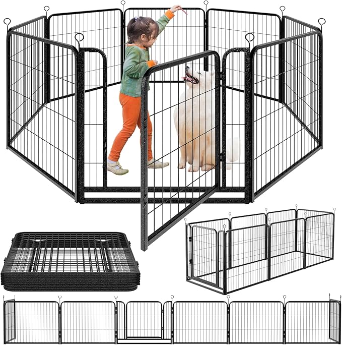 Dog Playpen Outdoor Extra Wide 8 Panels Heavy Duty Dog Fence 32" Height Anti-Rust with Doors Portable for RV Camping Yard, Total 21FT, 35 Sq.ft, Snowy Black-PurrikoPets