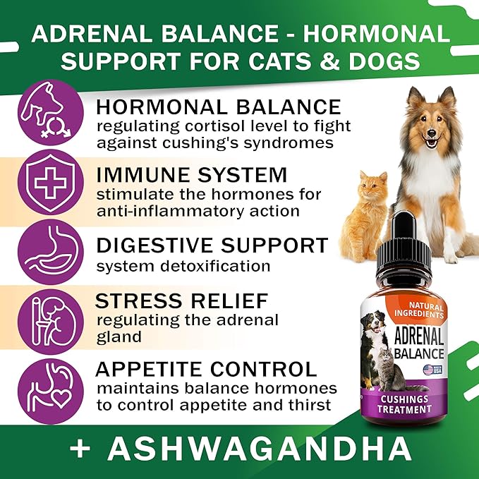 Adrenal Balance for Dogs and Cats - Cushings Treatment for Pets, Adrenal Support w/ Ashwagandha, Licorice Root, Rhodiola Rosea - 2oz Herbal Drops-PurrikoPets