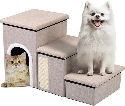 Dog Steps for Bed and Couch, 17”H Foldable Dog Stairs for Small Older Dogs Cats, Adjustable Pet Cat Stairs Ramps with Storage with Condo, Scratcher, Hold Up to 180LBS, Pet Cat Steps Beige-PurrikoPets