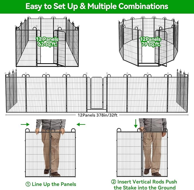 Dog Playpen Outdoor 12 Panels Heavy Duty Dog Fence 47" Height Anti-Rust with Doors Portable for RV Camping Yard, Total 27FT, 58 Sq.ft, Snowy Black-PurrikoPets
