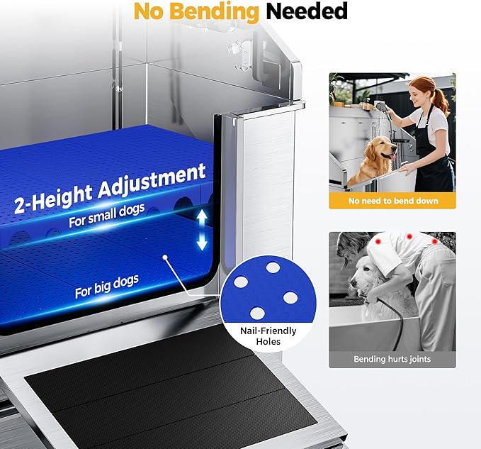 50" Dog Washing Station - 304 Stainless Steel, 27.4" Wide Ramp, Water-Storing Dog Bathing Station w/Swivel Wheels, Pet Proof Faucet, 2 Drawers, Dog Bathtub for Medium & Small Dogs-PurrikoPets