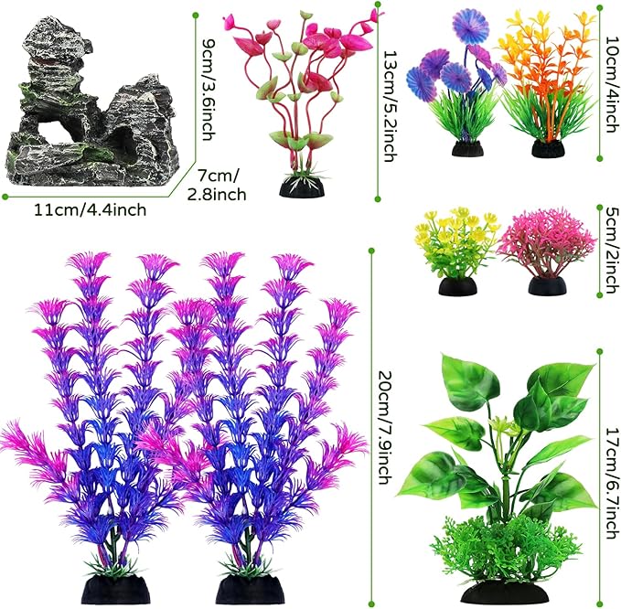 Fish Tank Accessories Aquarium Decorations Plants, 9pcs Colorful Fish Tank Artificial Plants and Cave Rock Decor Set, Aquarium Decor Plastic Plants-PurrikoPets