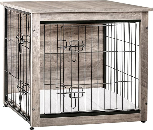 DWANTON Dog Crate Furniture with Cushion, Wooden Kennel Table with Double Doors, Indoor Dog House, Small/Medium/Large/Extra Large Size, 27.2" L, Greige-PurrikoPets