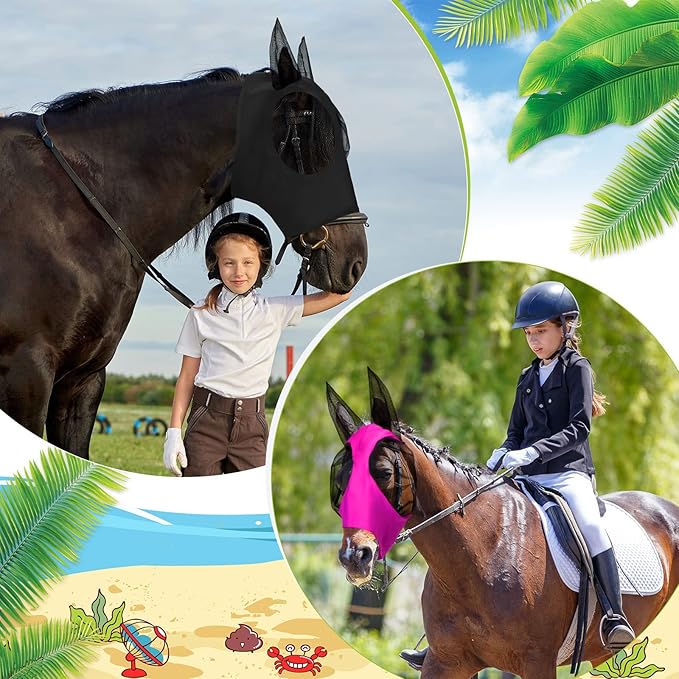 Frienda 4 Pcs Horse Fly Masks with Ears Head Fly Masks for Horses Smooth Elastic UV Protection Cover from Summer Insect Pests(Large,Purple, Blue, Pink, Black)-PurrikoPets
